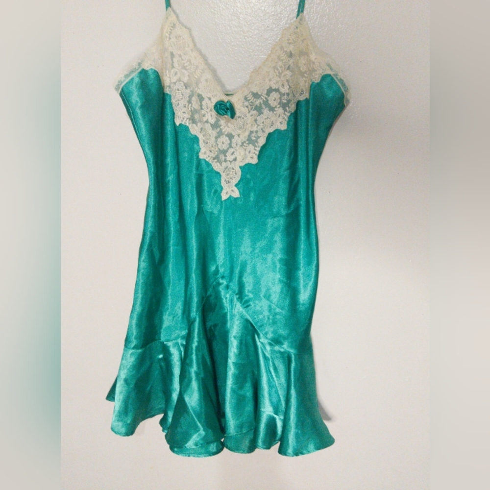 Vintage Victoria's Secret Turquoise and Cream Lace Slip
